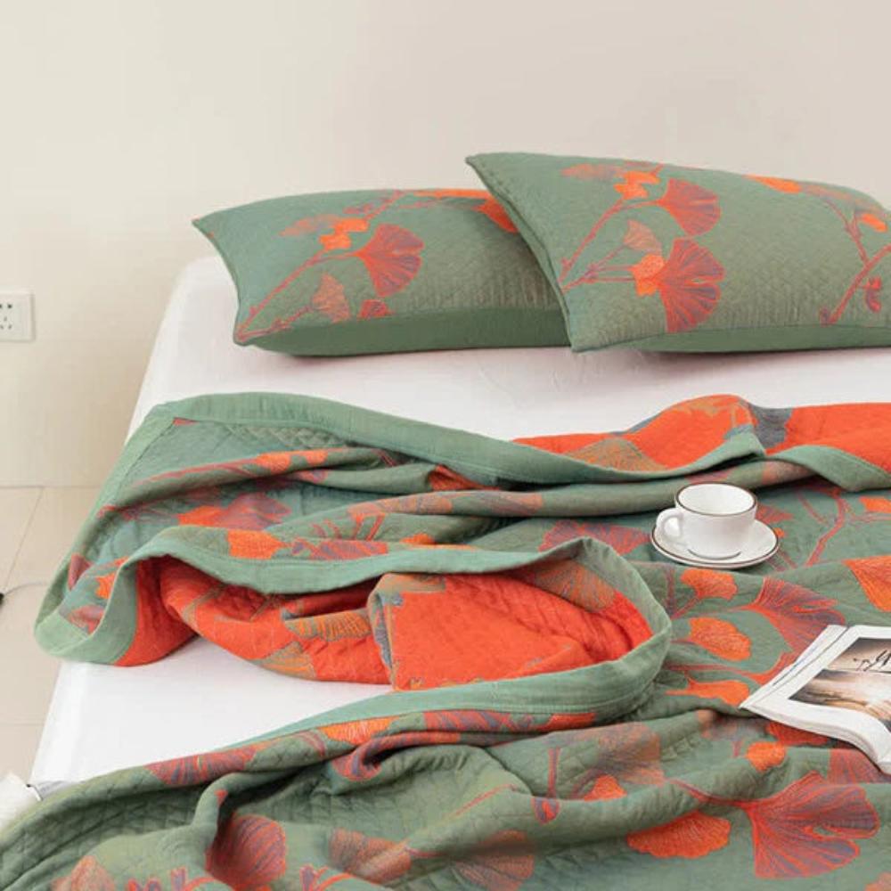 Ginkgo Orange Leaf Floral Pattern Coverlet — product in use