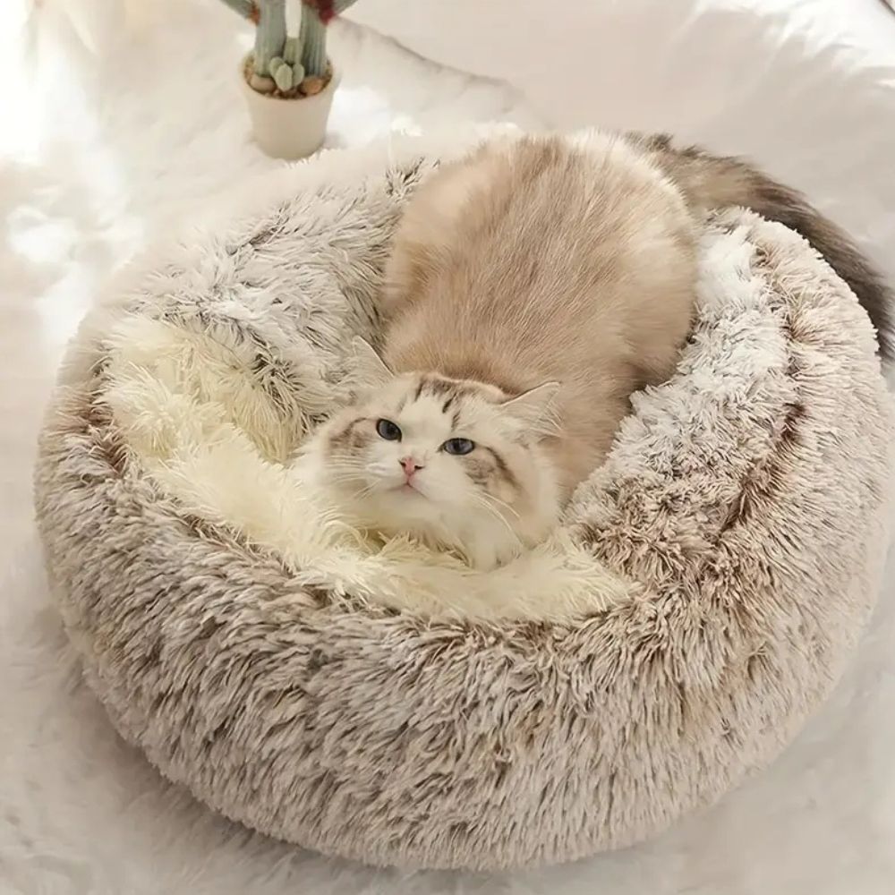 Round Hooded Faux Fur Pet Bed — product detail view