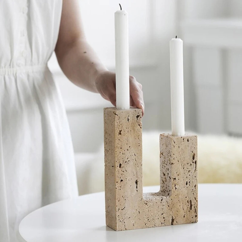 Dual Travertine Sculpted Candle Holder — main product photo