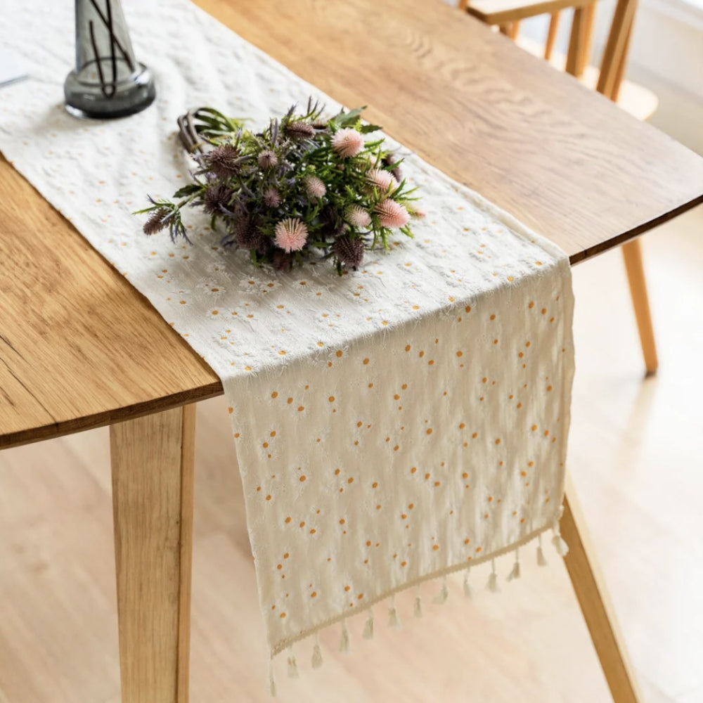 Playful Daisy Embroidered Boho Table Runner — product detail view