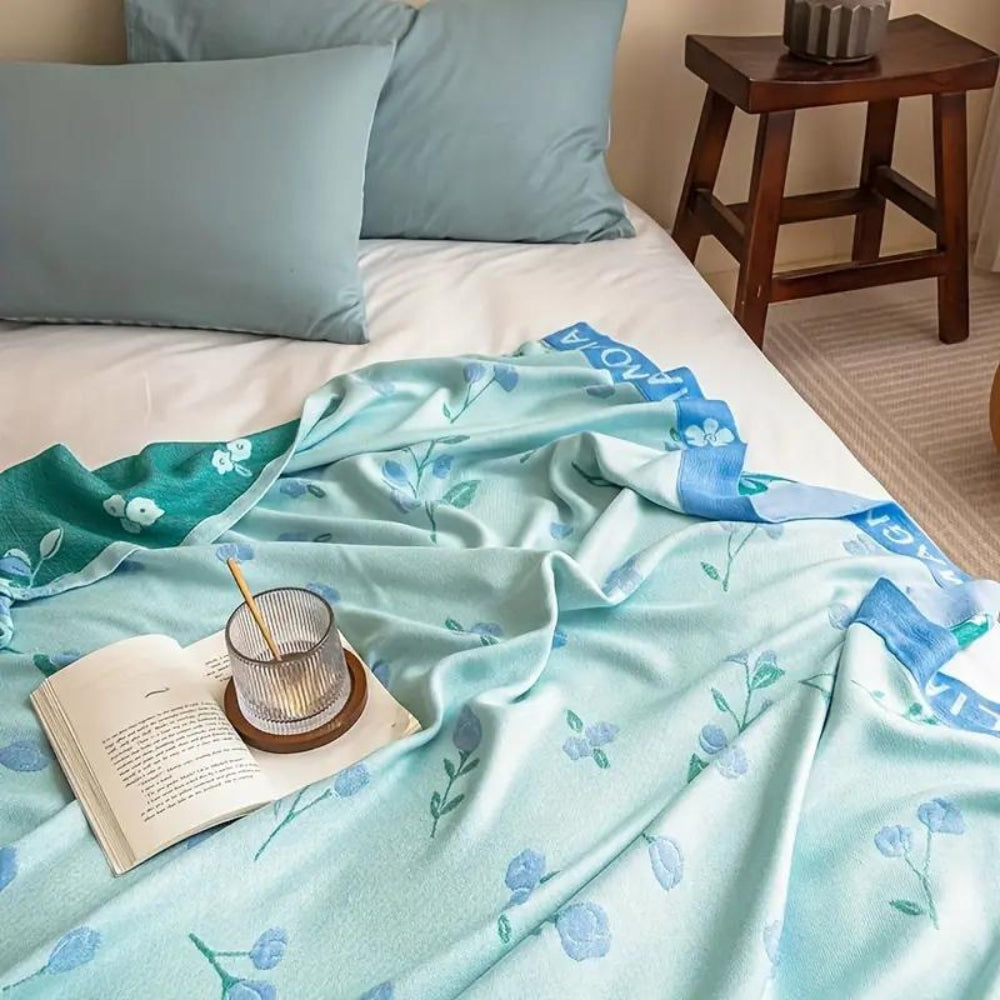 Blue Floral Bamboo Fibre Cooling Blanket — product detail view