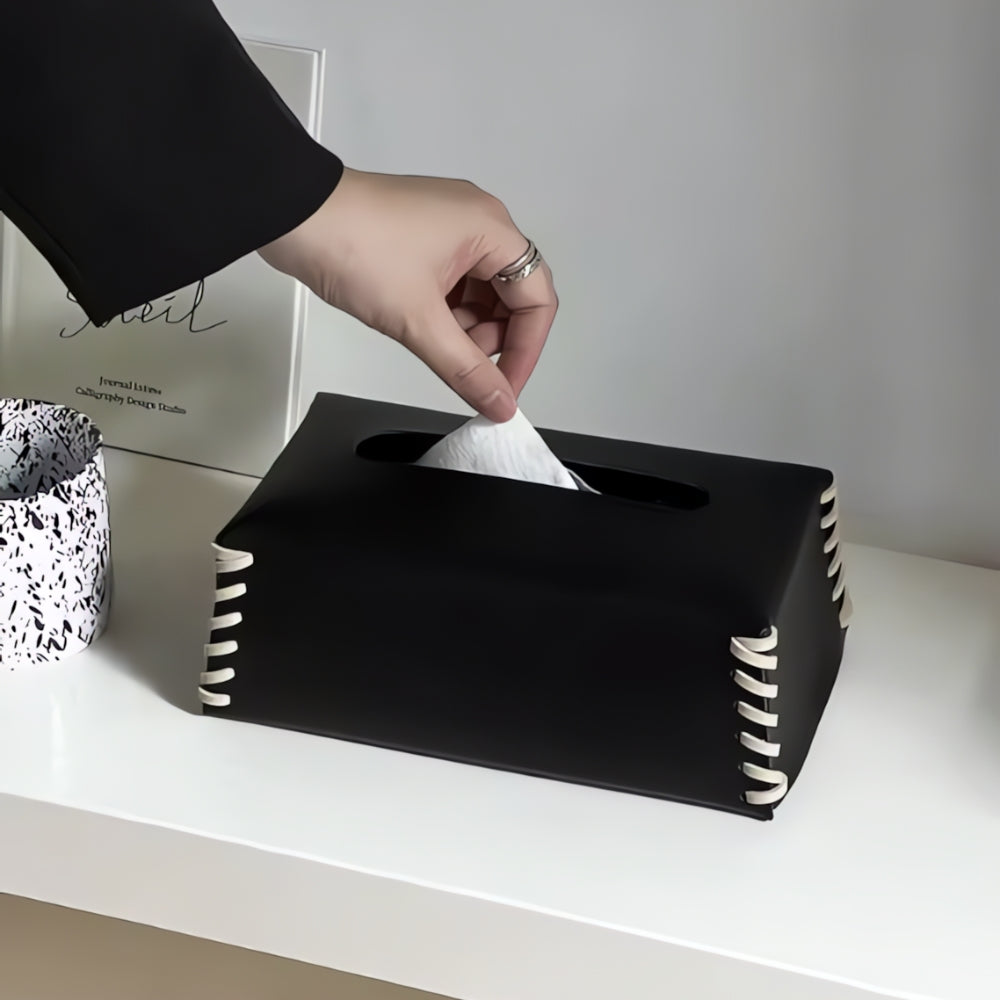 Stitched Leather Tissue Box Holder — product detail view