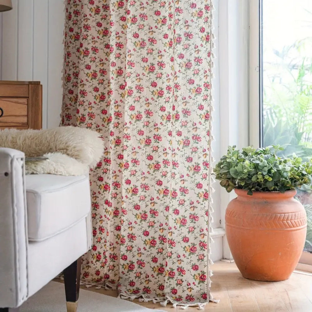 Floral Tasseled Soft Cotton Curtain — product detail view