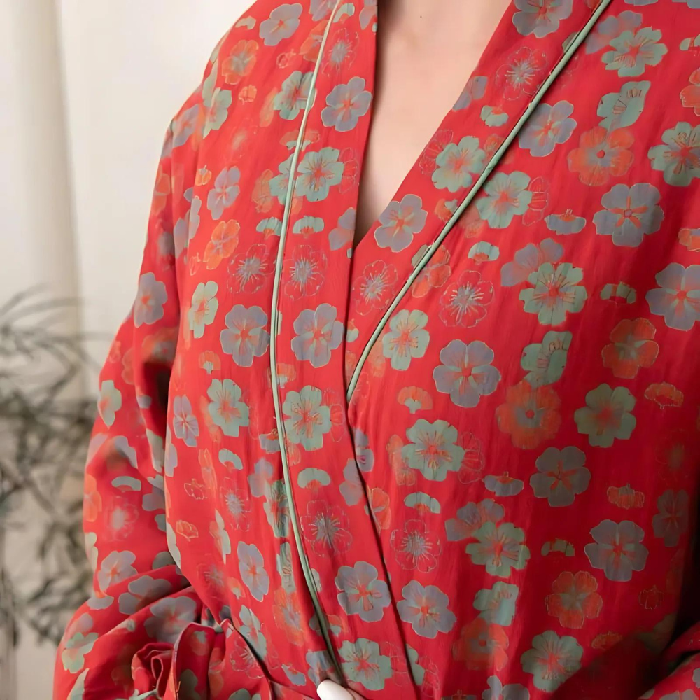 Plum Blossom Soft Cotton Belted Bathrobe — product in use