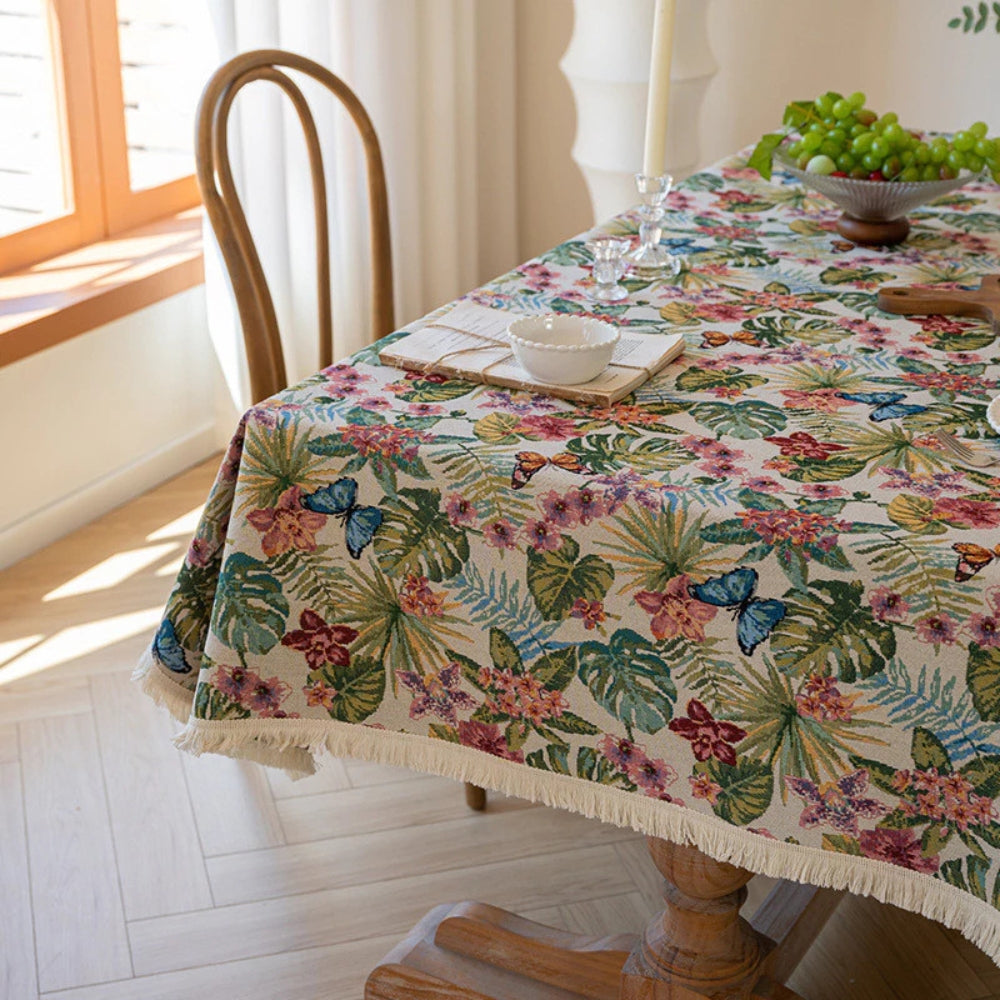 Ornate Floral Linen Tablecloth — product in use