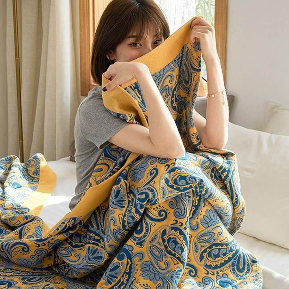 Azure Golden Retro Cotton Blanket — product in use