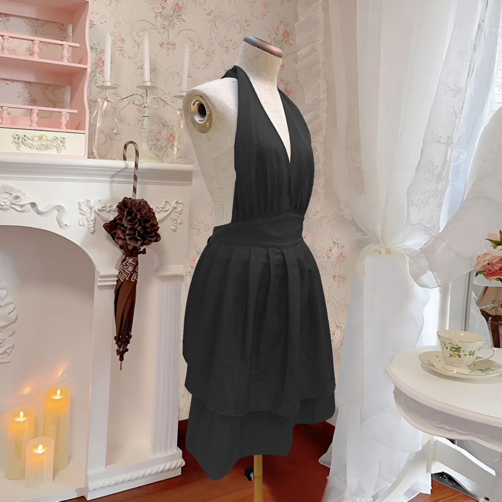 V-Neck Halter Black Tie-Back Apron — product detail view