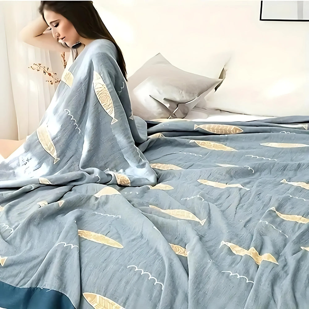 Golden Fish Cotton Gauze Reversible Blanket — product in use