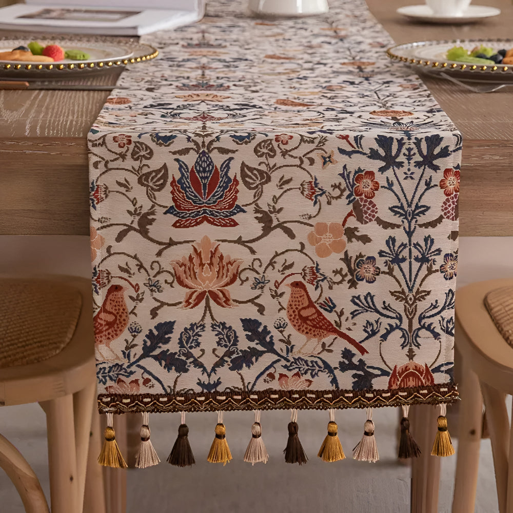 Vintage Floral & Bird Jacquard Table Runner — product in use