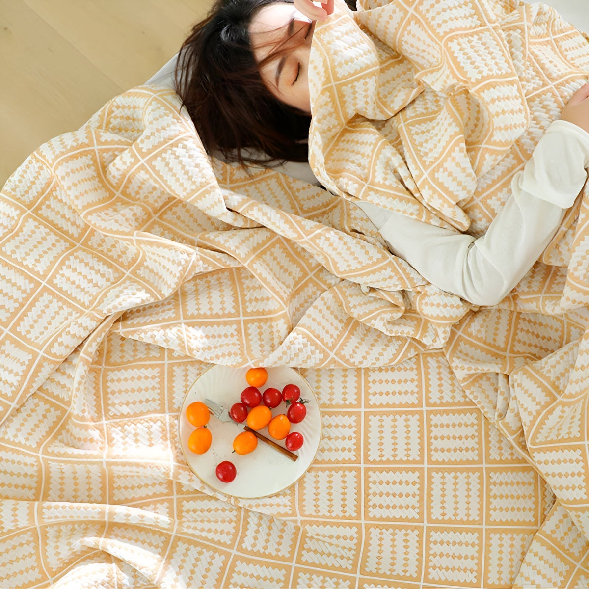 Plaid Pattern Cotton Blanket — product in use