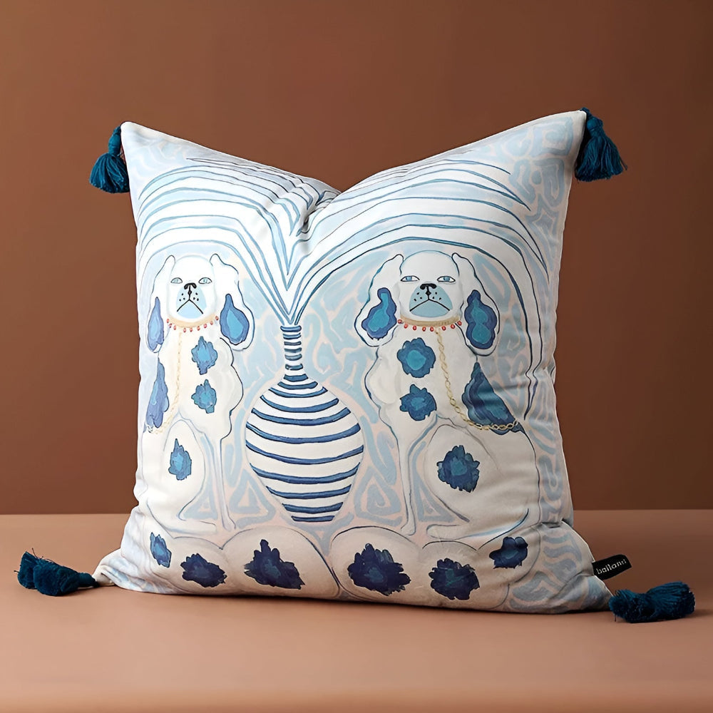 Blue Dog Artistic Cushion Cover with Tassels — product detail view