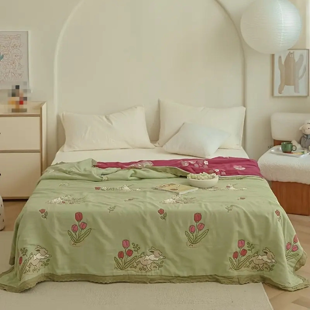 Embroidered Bunny Floral Cotton Blanket — product detail view