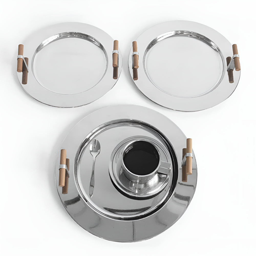 Elegant Stainless Steel Round Tray with Wooden Handles — main product photo