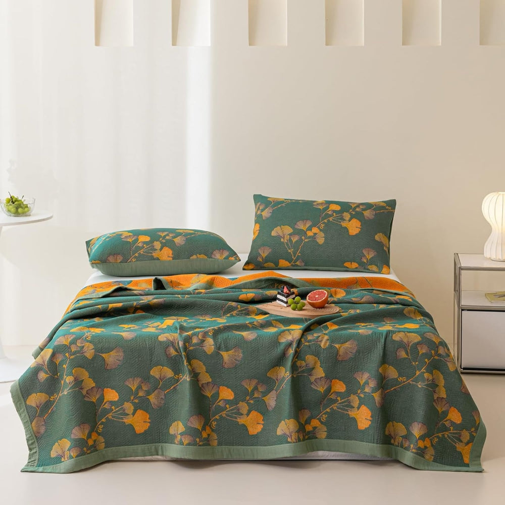 Jacquard Floral Ginkgo Leaves Reversible Coverlet — alternate angle view