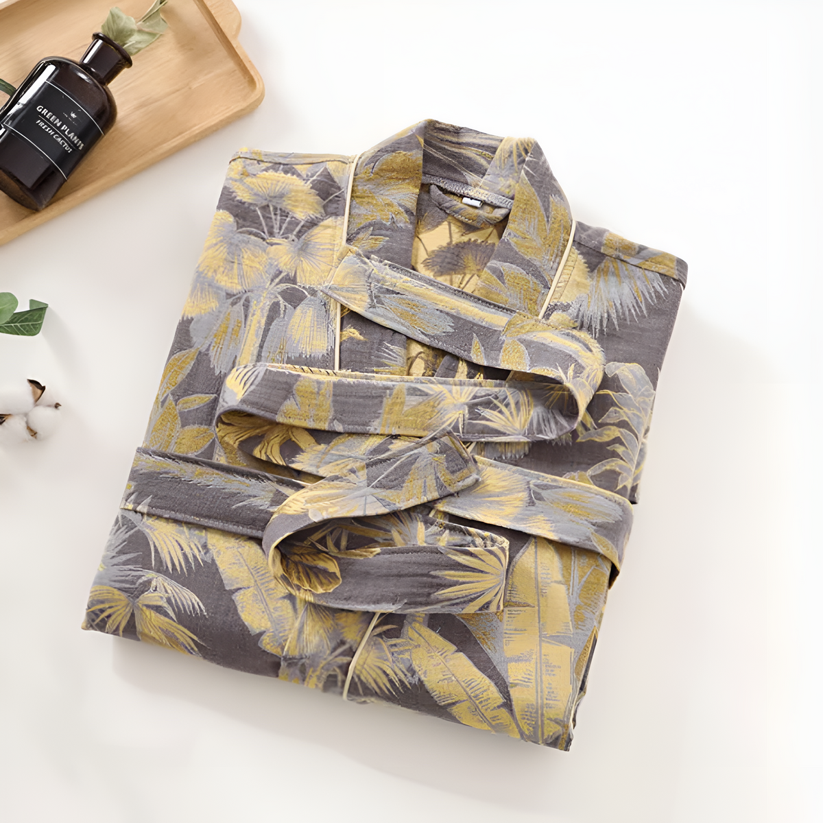 Elegant Leaf Print Kimono Bathrobe — main product photo