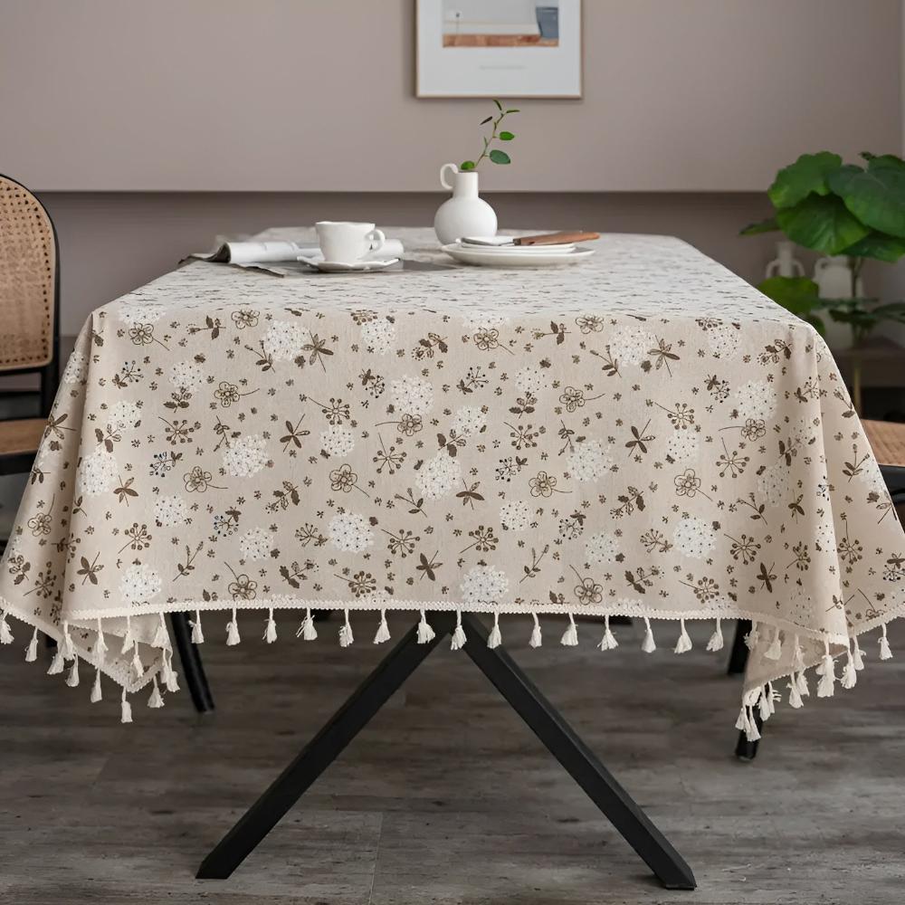 Dandelion Beige Tassel Tablecloth — product in use