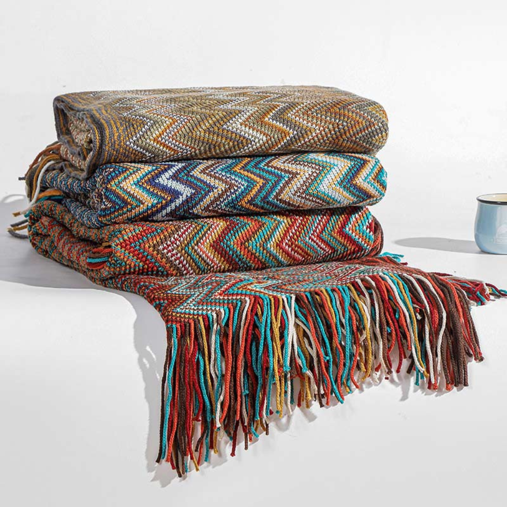 Multicolour Zigzag Tasseled Knit Throw — lifestyle shot