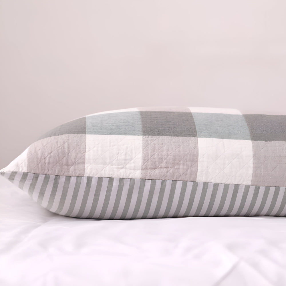 Checked & Striped Cotton Pillowcase — product detail view