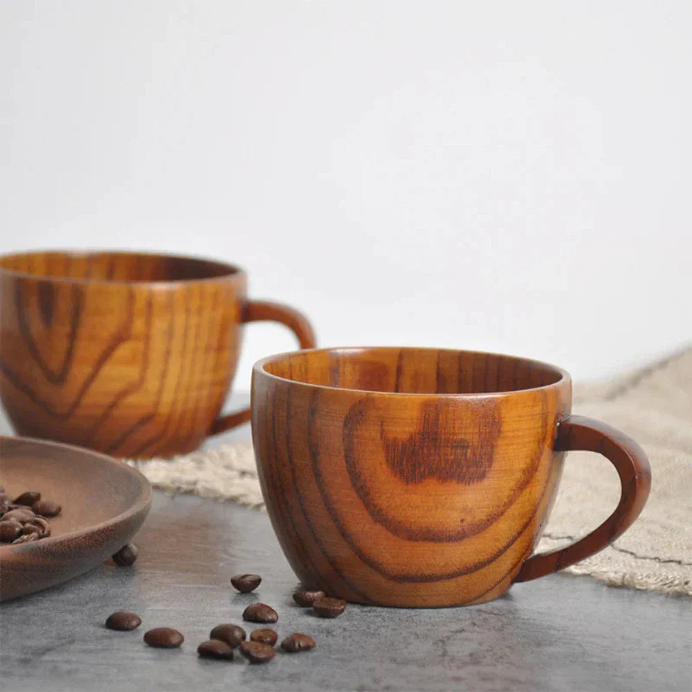 Rustic Natural Wooden Tea Cups with Handle (2PCS) — main product photo