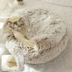 Round Hooded Faux Fur Pet Bed — lifestyle shot