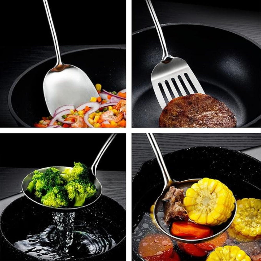 Gleaming Stainless Steel Wooden Utensils | 6Pcs Set — product in use