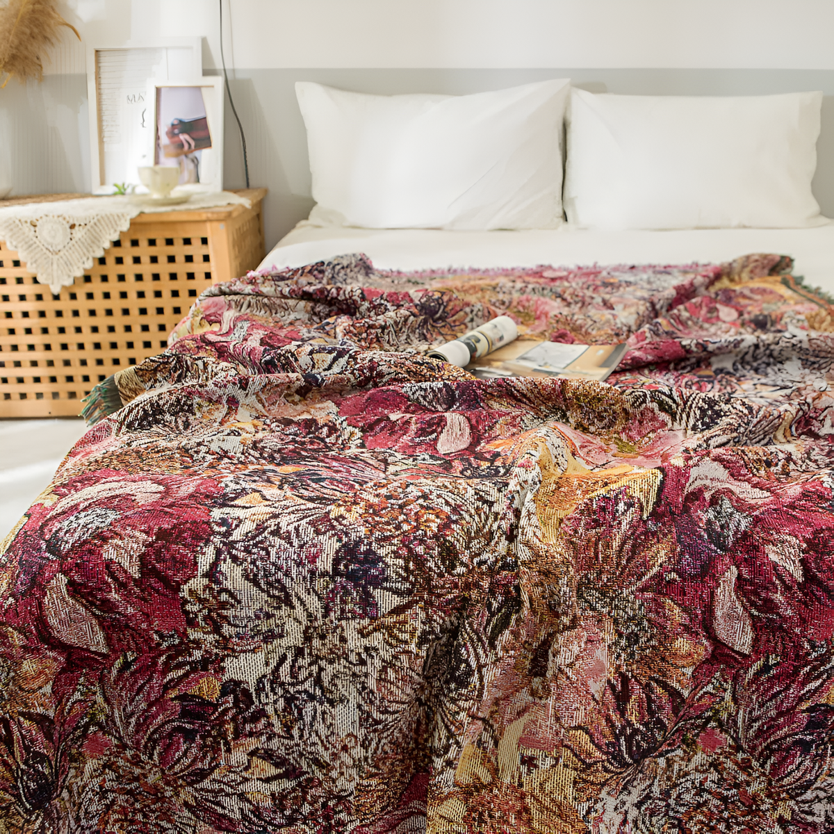 Vintage Floral Tassel Throw Blanket — product in use