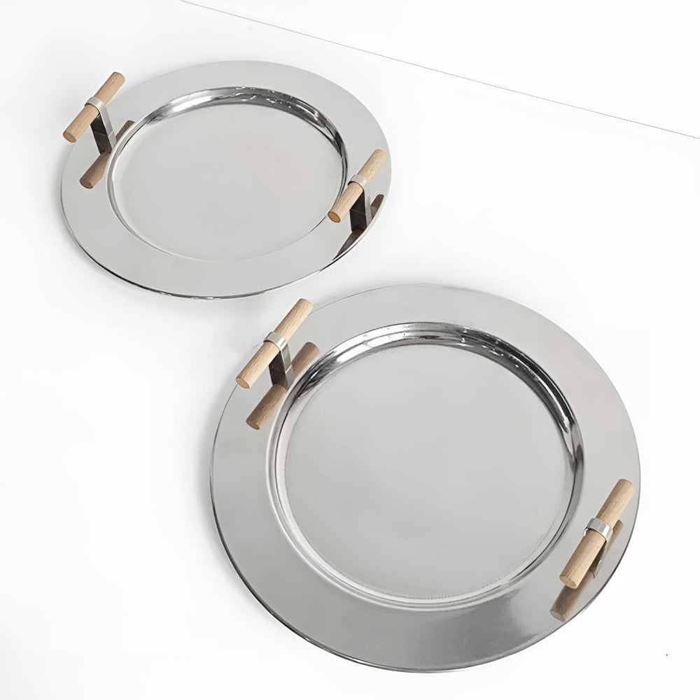 Elegant Stainless Steel Round Tray with Wooden Handles — product detail view