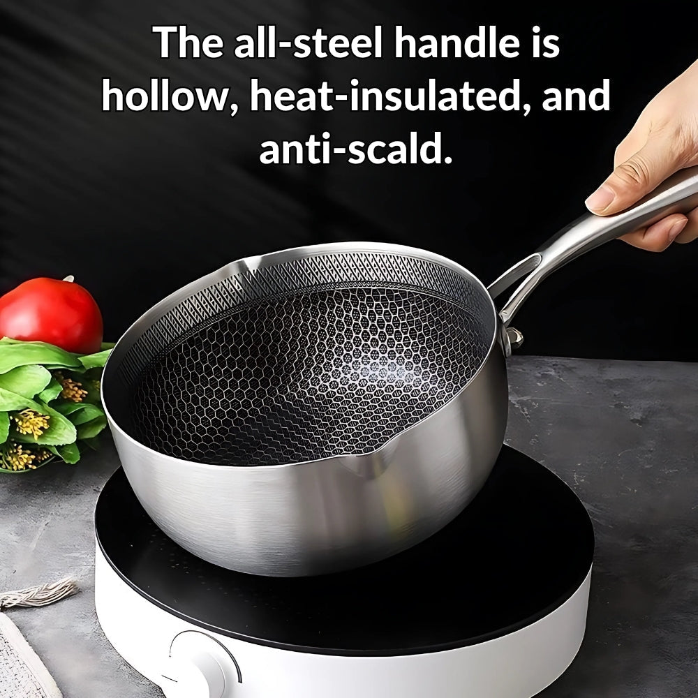 Modern Stainless Steel Saucepan with Glass Lid — size and scale reference