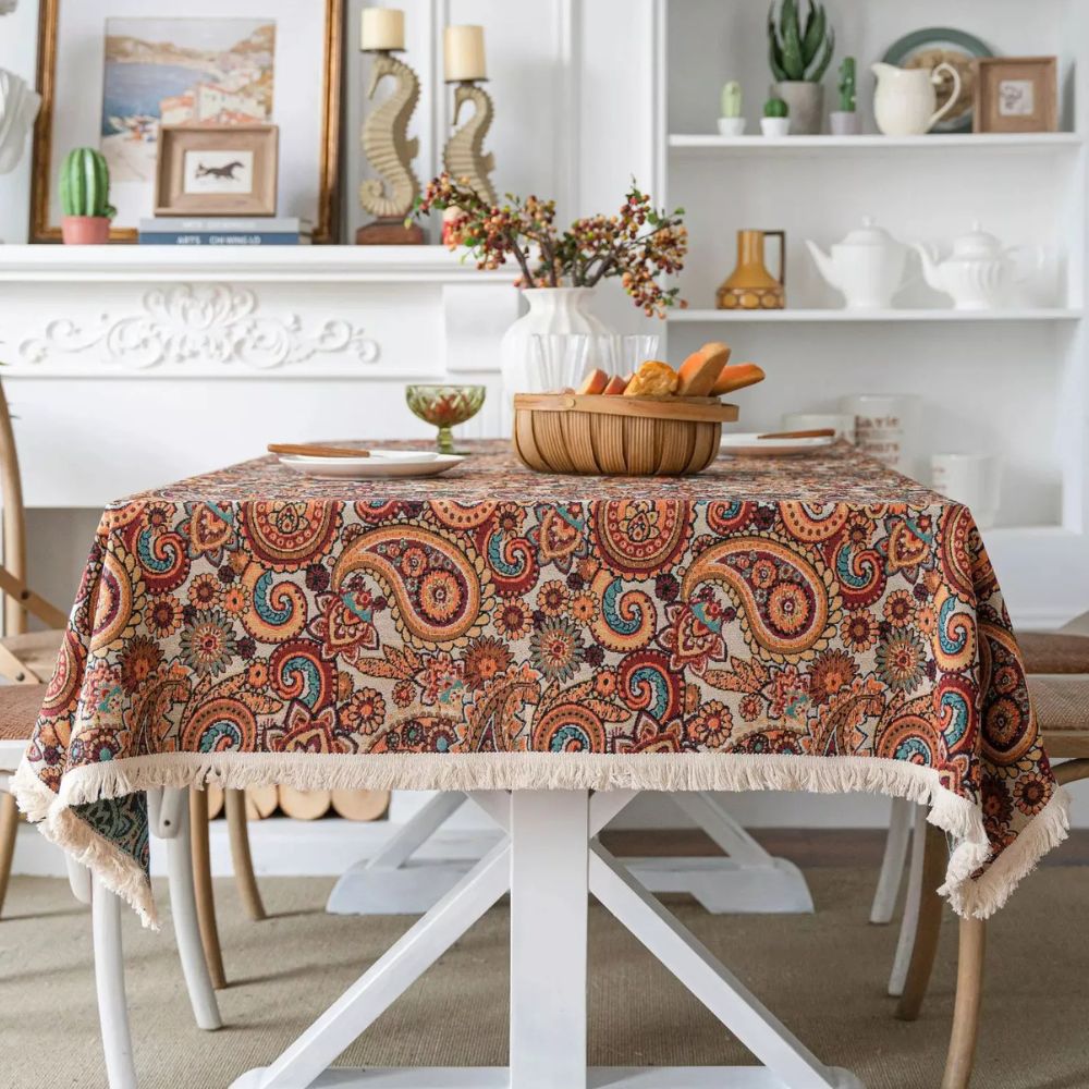 Amber Paisley Tassel Tablecloth — alternate angle view