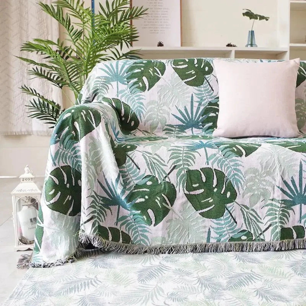Palm Leaves Sofa Cover Tassel Blanket — product detail view