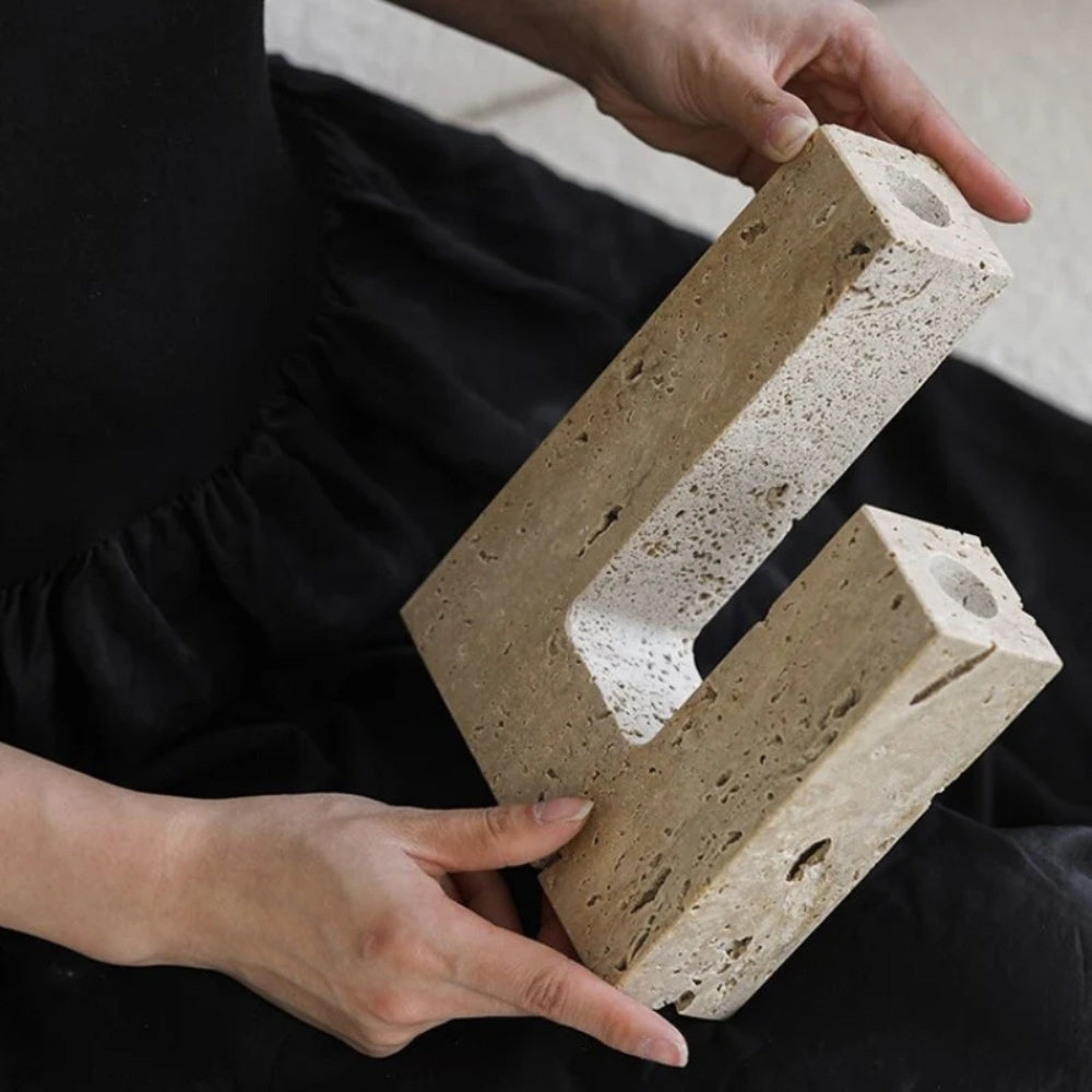 Dual Travertine Sculpted Candle Holder — additional view