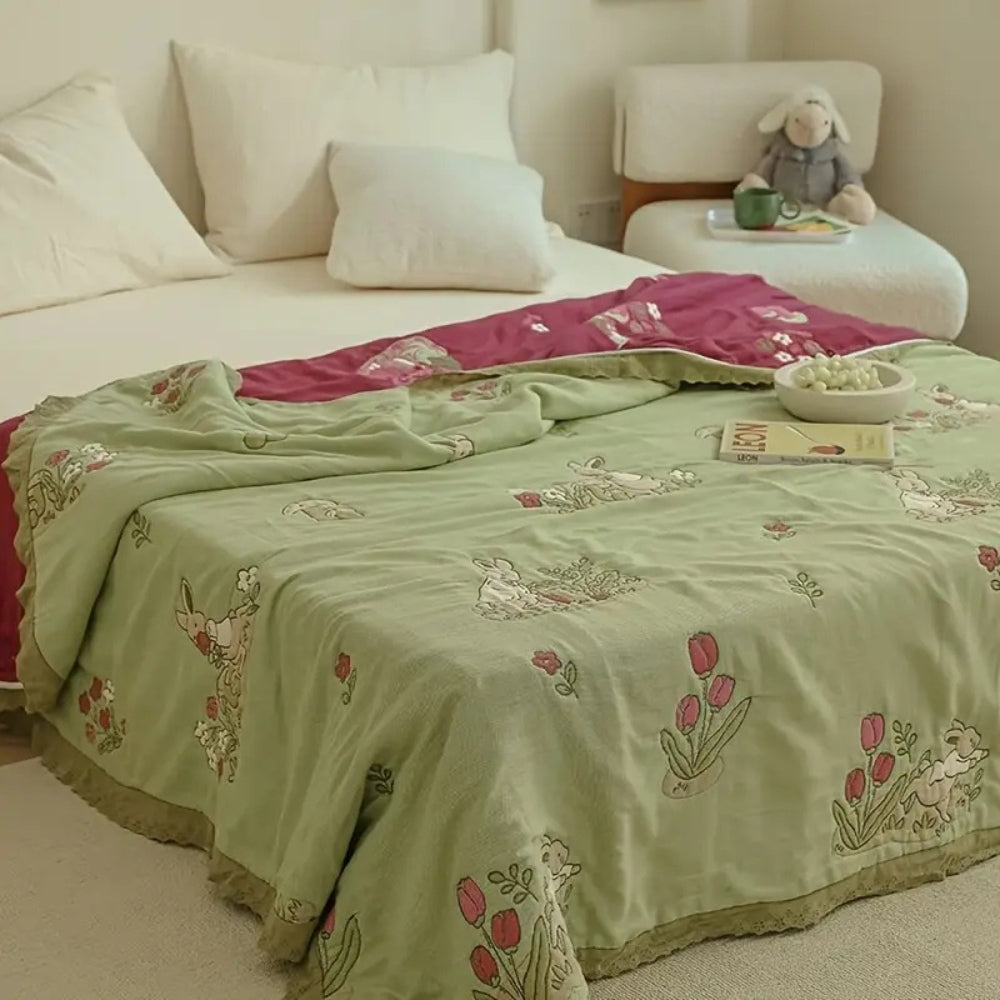 Embroidered Bunny Floral Cotton Blanket — product in use