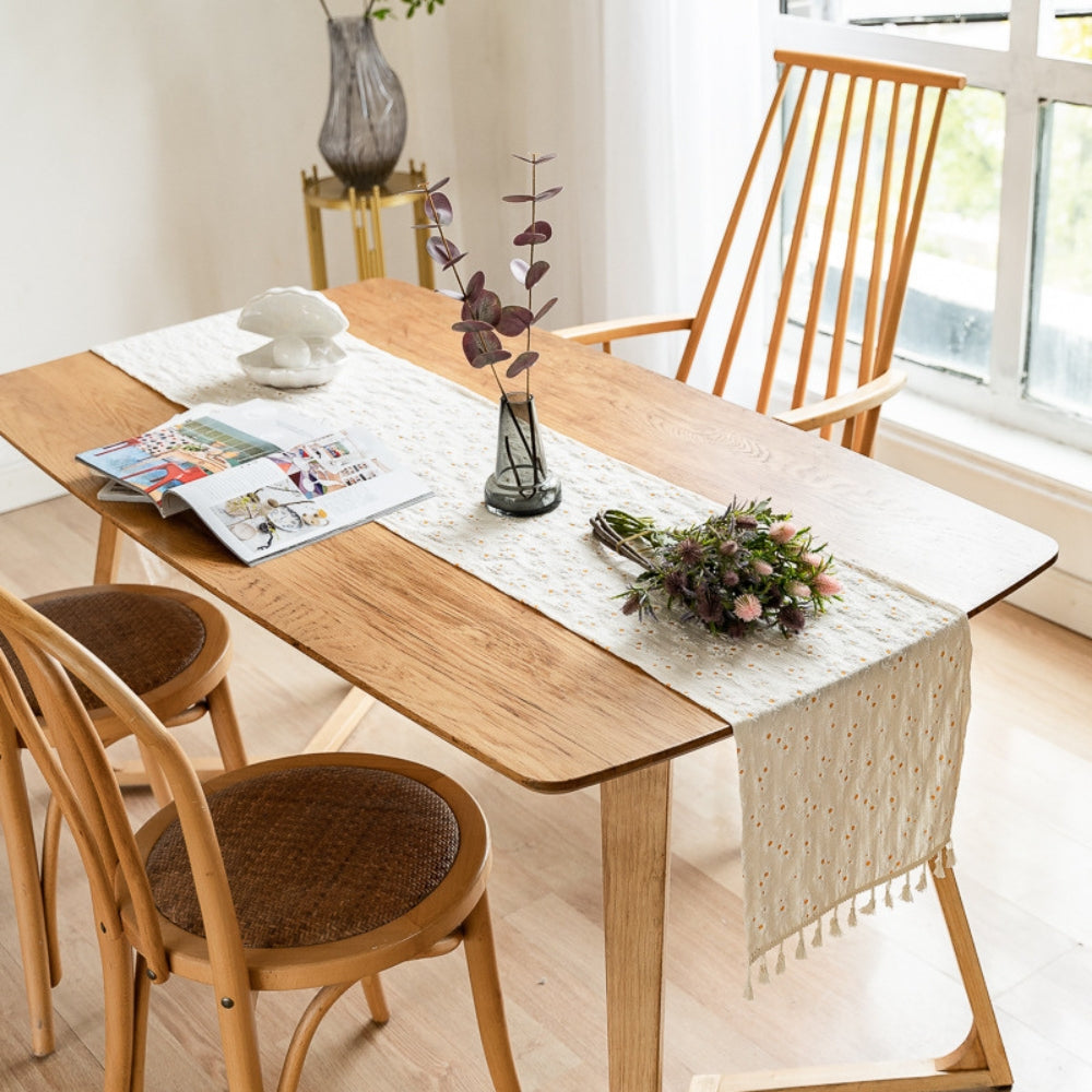 Playful Daisy Embroidered Boho Table Runner — product close-up