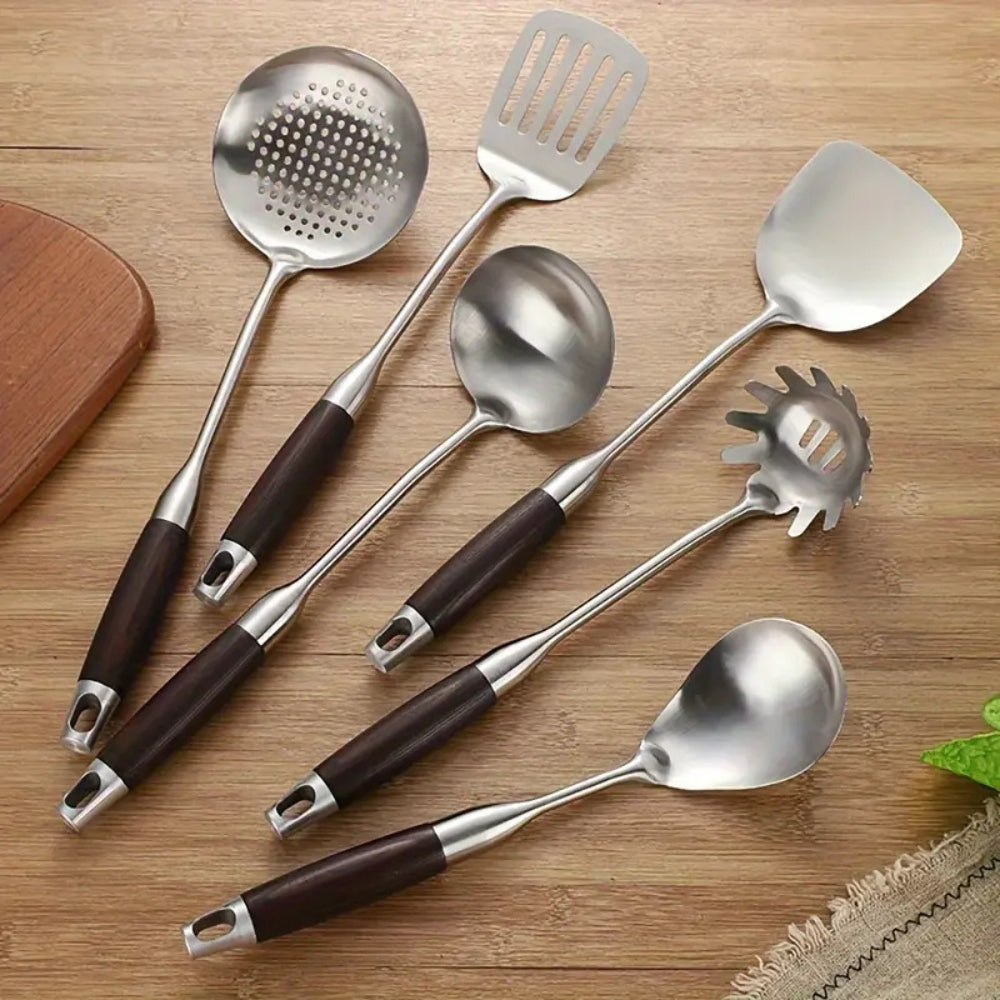Gleaming Stainless Steel Wooden Utensils | 6Pcs Set — main product photo