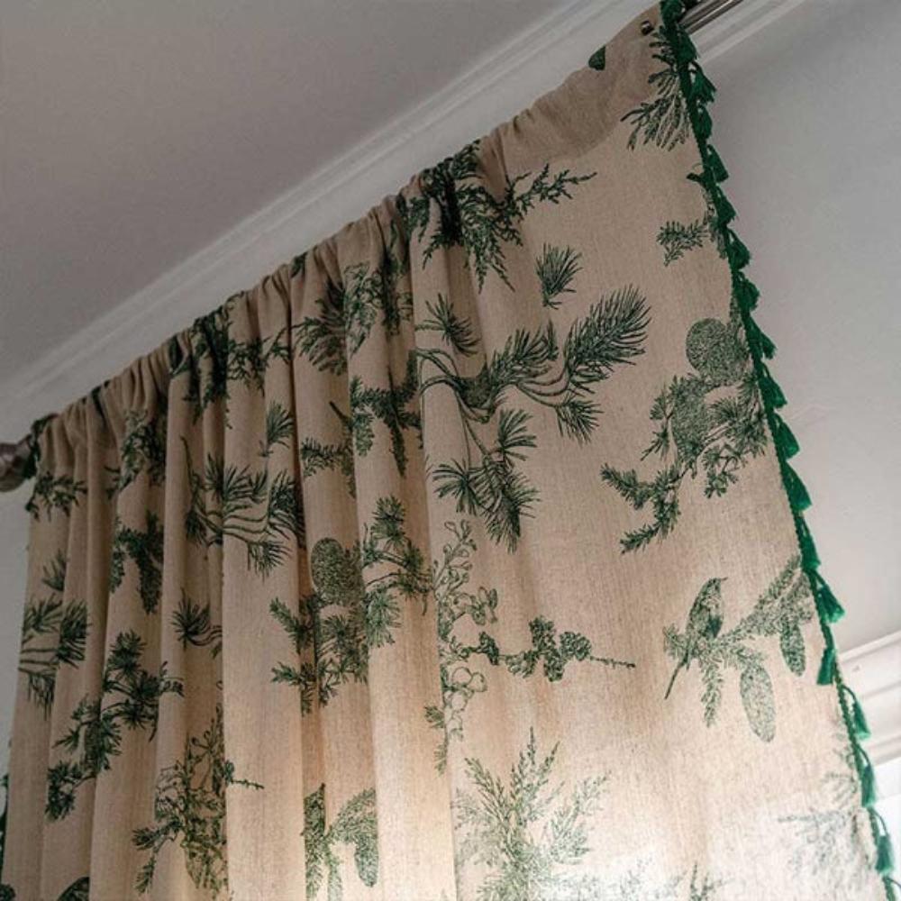 Green Pine Bird Pattern Tassel Curtain — product in use