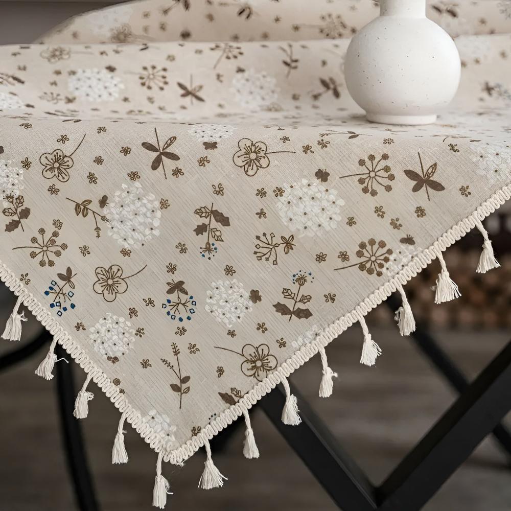 Dandelion Beige Tassel Tablecloth — product close-up