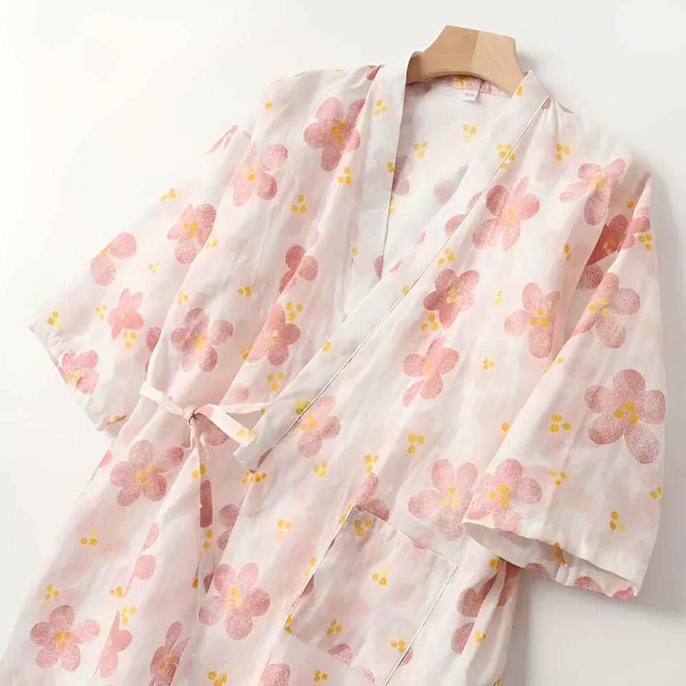 Women's Floral Pattern Cotton Bathrobe — alternate angle view