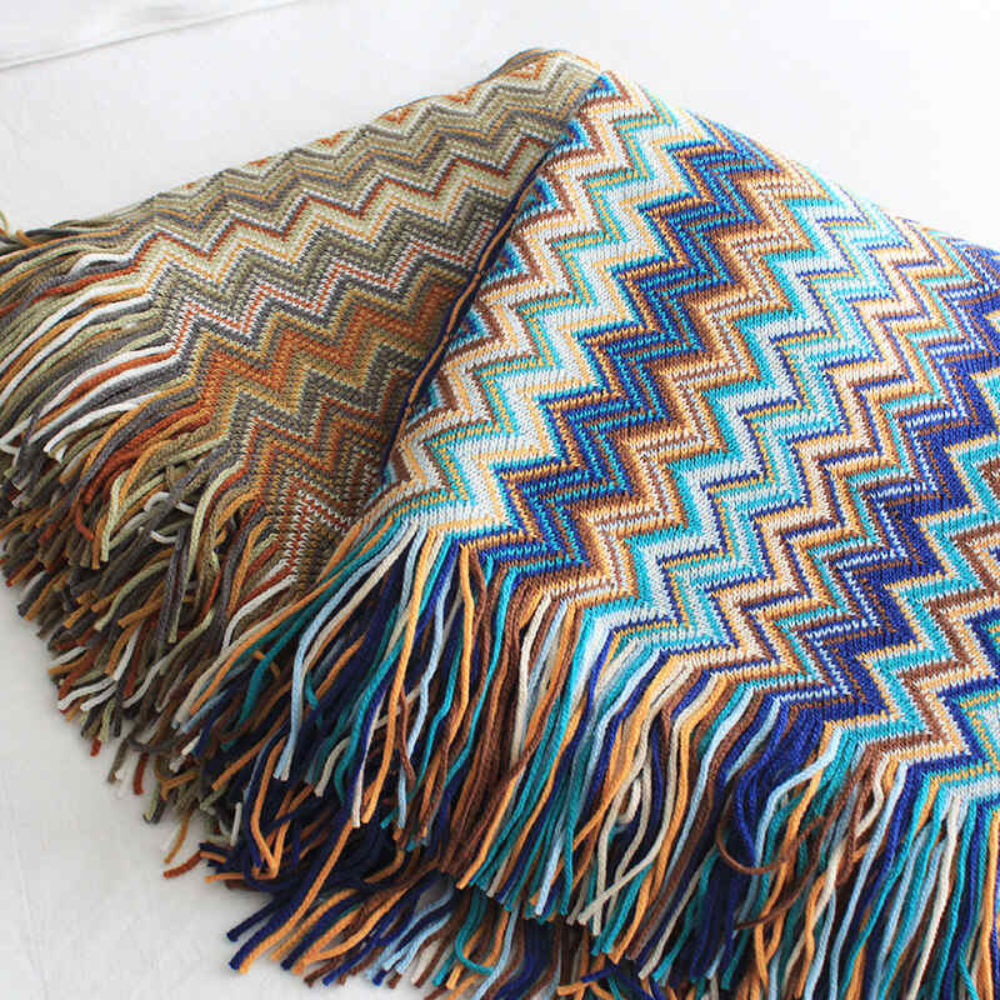 Multicolour Zigzag Tasseled Knit Throw — size and scale reference