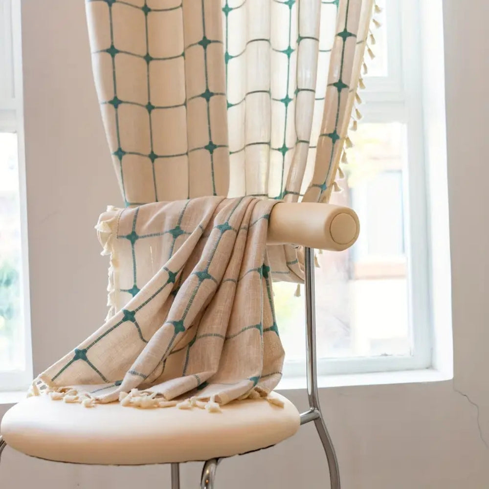Turquoise Lattice Boho Tassel Curtain — product in use