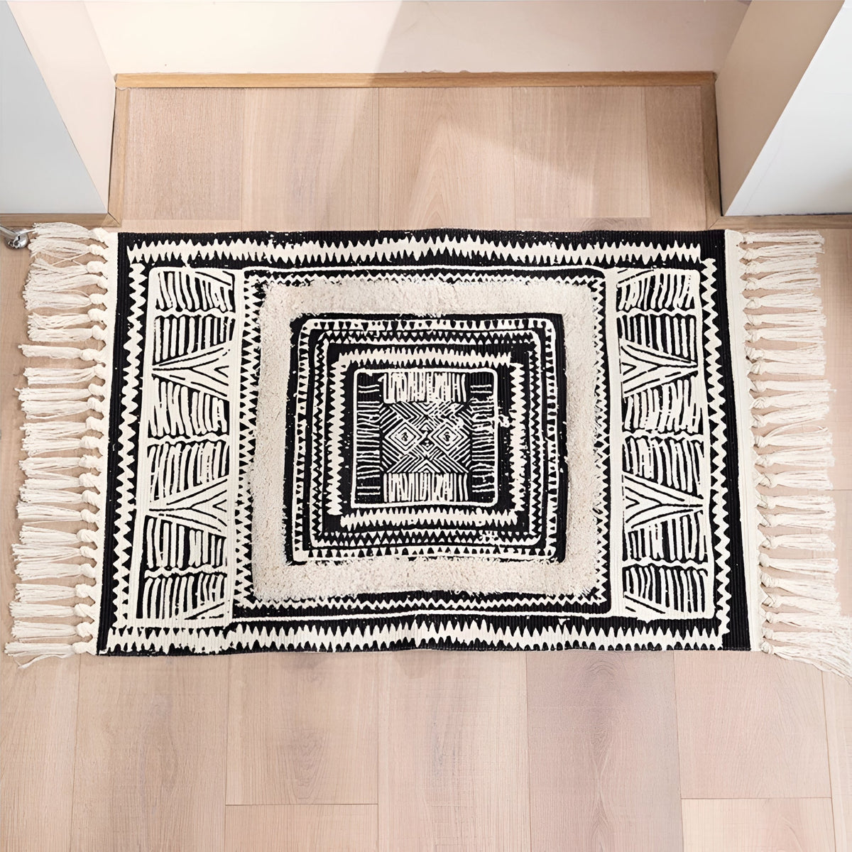 Black and White Geometric Tassel Floor Mat — product detail view