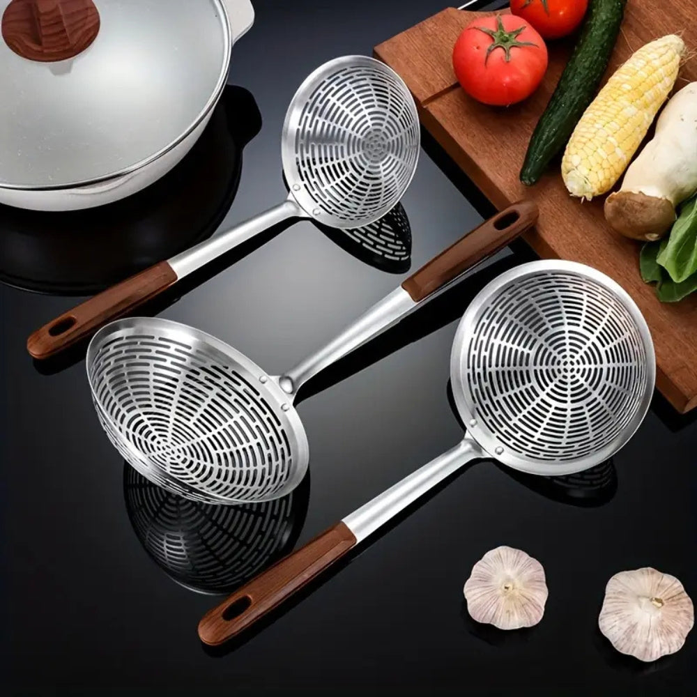 Stainless Steel Wooden Strainer Ladle — product in use