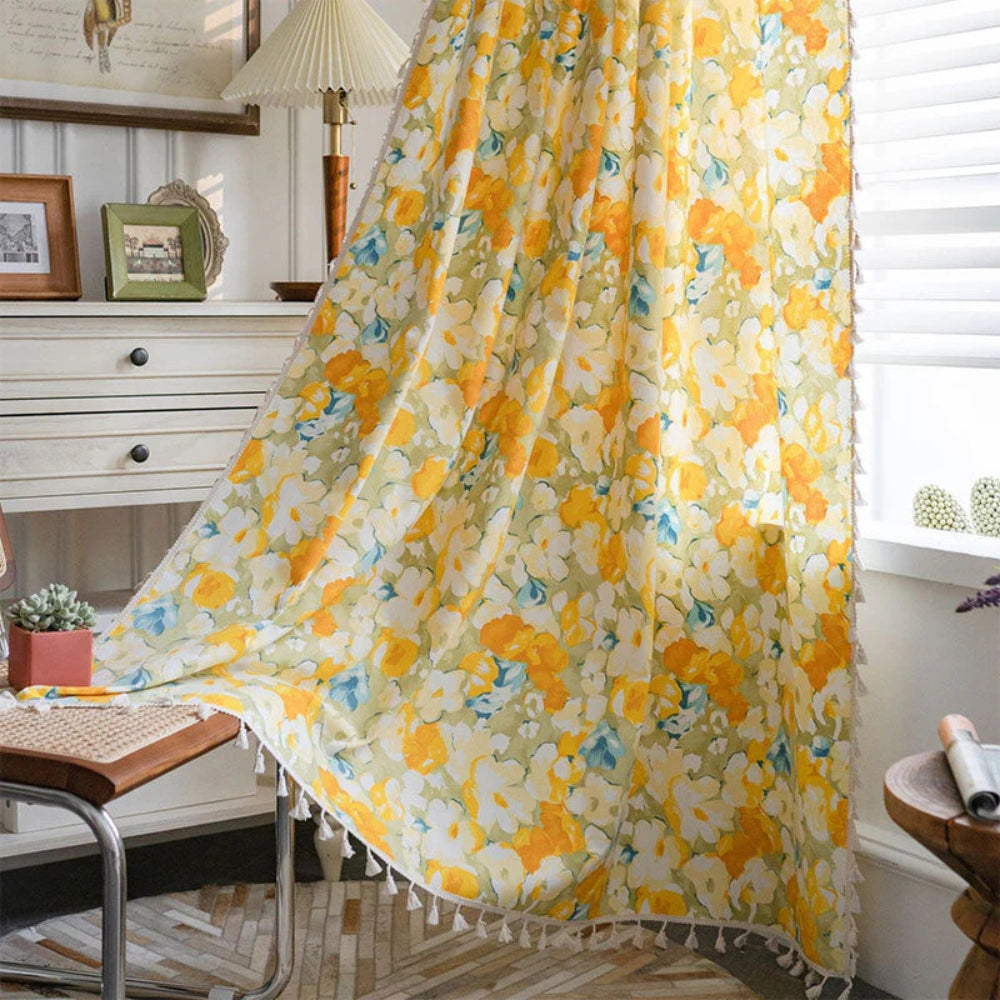 Sunshine Blooms Floral Tasseled Curtain — additional view