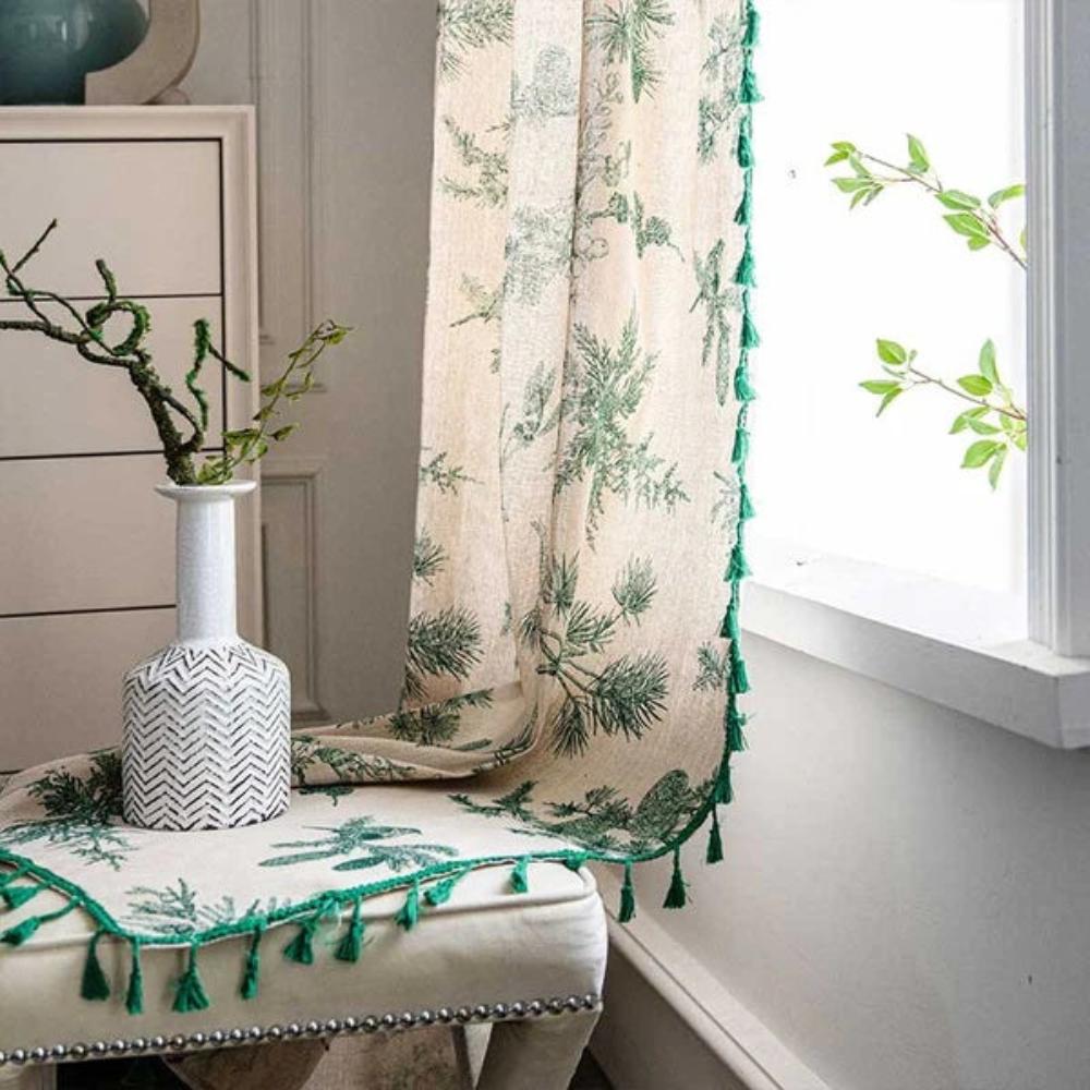 Green Pine Bird Pattern Tassel Curtain — alternate angle view