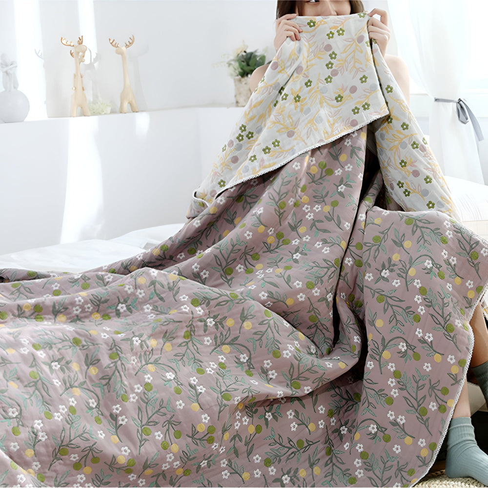 Leafy Floral Cotton Gauze Blanket — alternate angle view