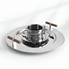 Elegant Stainless Steel Round Tray with Wooden Handles — product in use