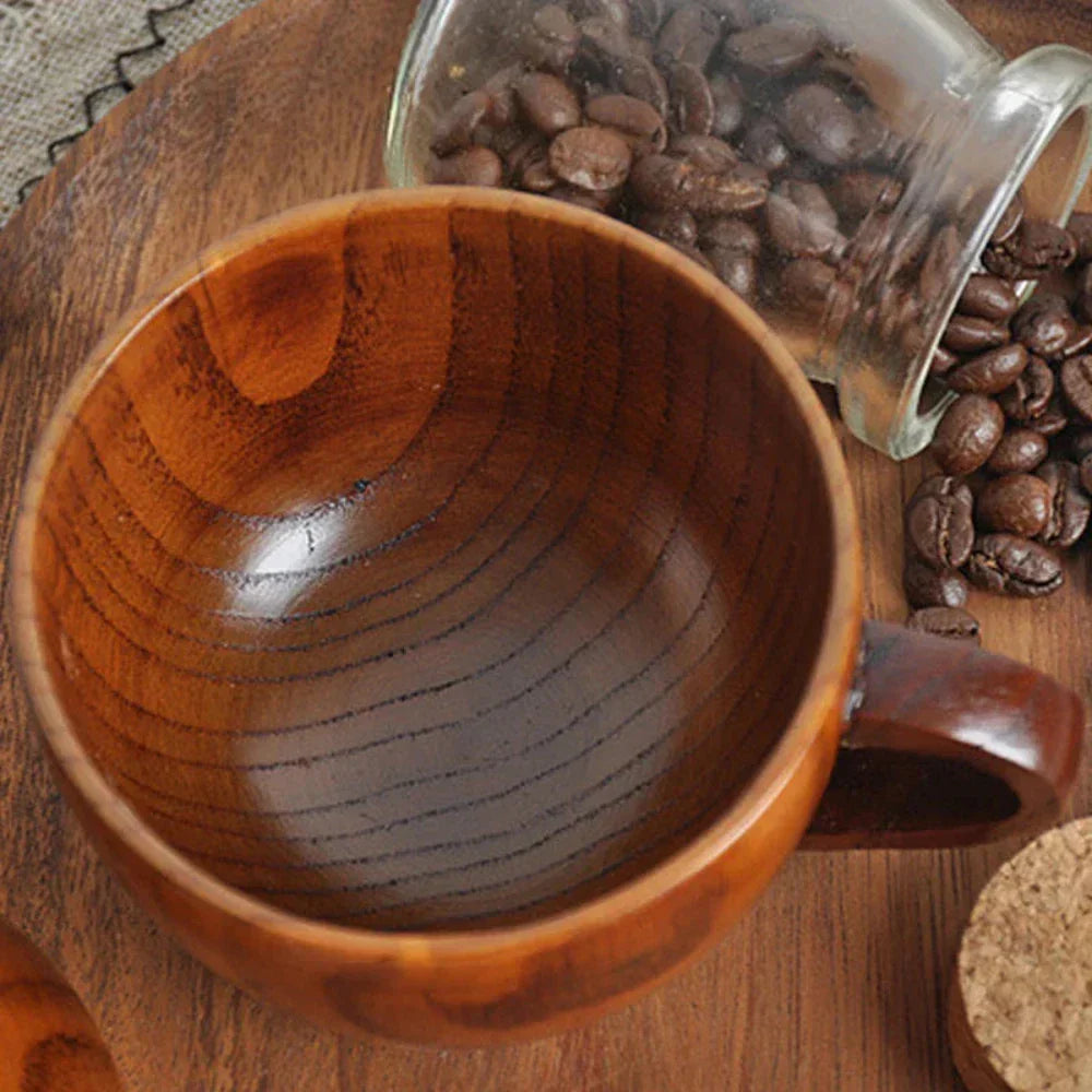Rustic Natural Wooden Tea Cups with Handle (2PCS) — product detail view