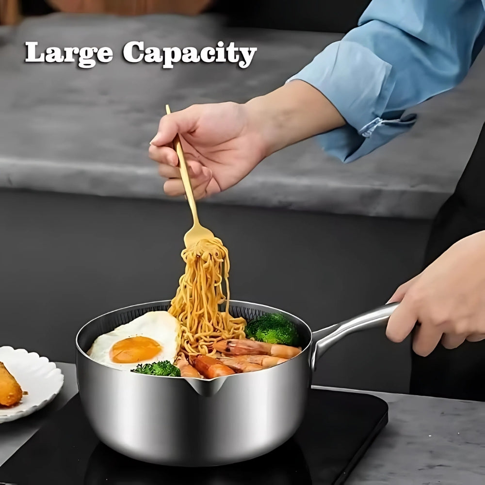 Modern Stainless Steel Saucepan with Glass Lid — product in use
