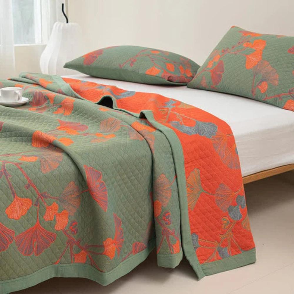 Ginkgo Orange Leaf Floral Pattern Coverlet — product close-up