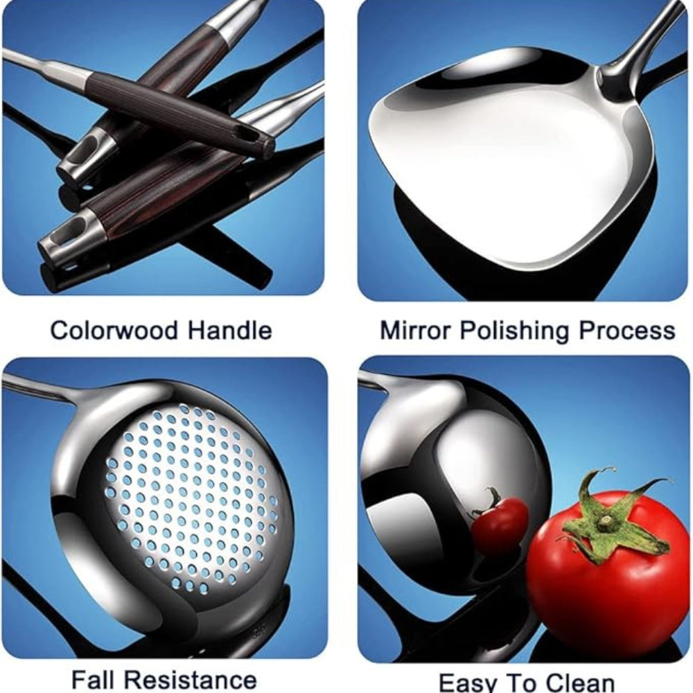 Gleaming Stainless Steel Wooden Utensils | 6Pcs Set — product detail view