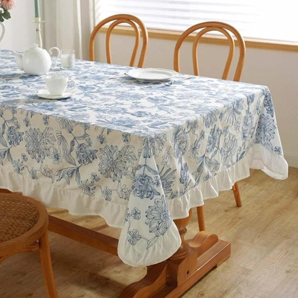 Delfina Blue Floral Lace Tablecloth — product in use